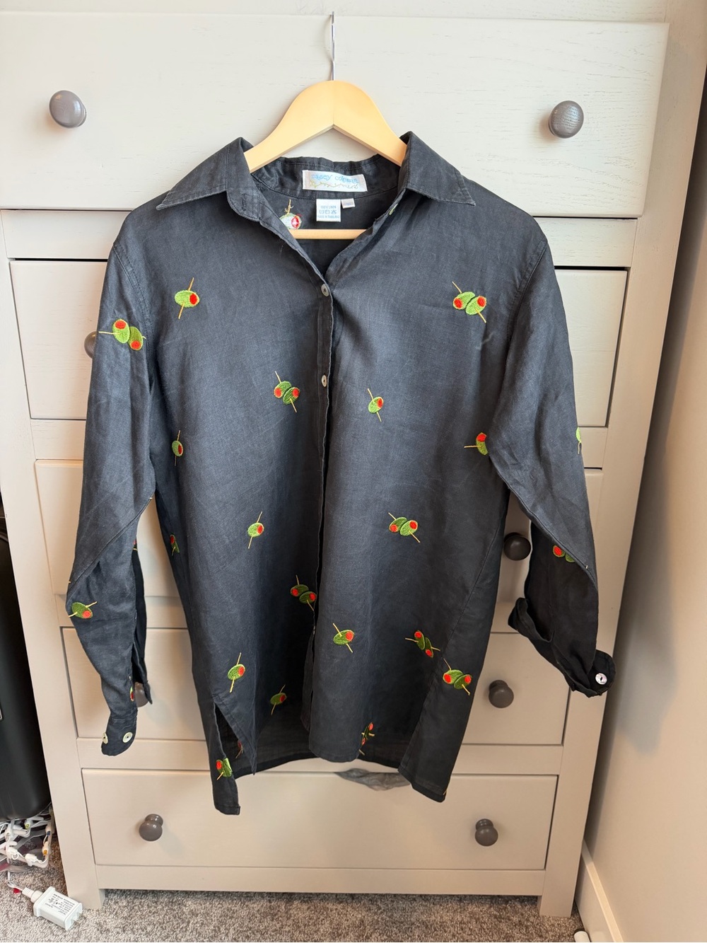 Vintage Linen Black Embroidered Olive Button-Up Shirt